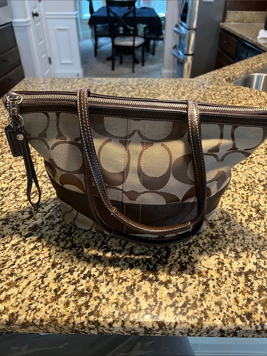 Coach Handbags - Coach Brown Signature Canvas Tote with Dark Brown Leather Trim. EUC